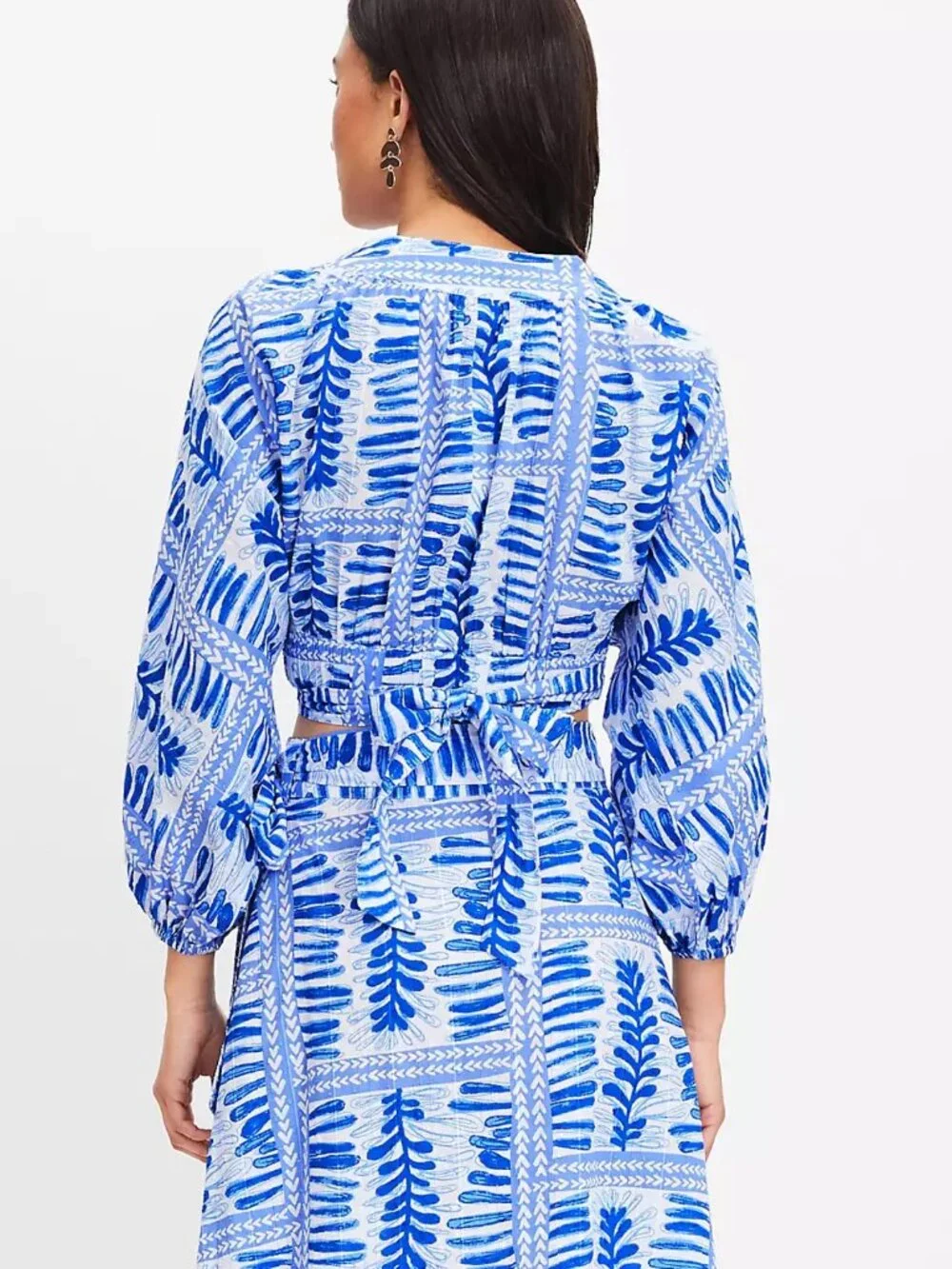 XS Petite Wrap Top 100% Cotton Resort Mediterranean Fern Print Cerulean Blue